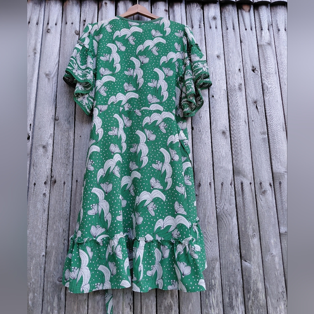Max Studio green black white floral flutter sleeve boho romantic dress Womens L - Picture 14 of 17